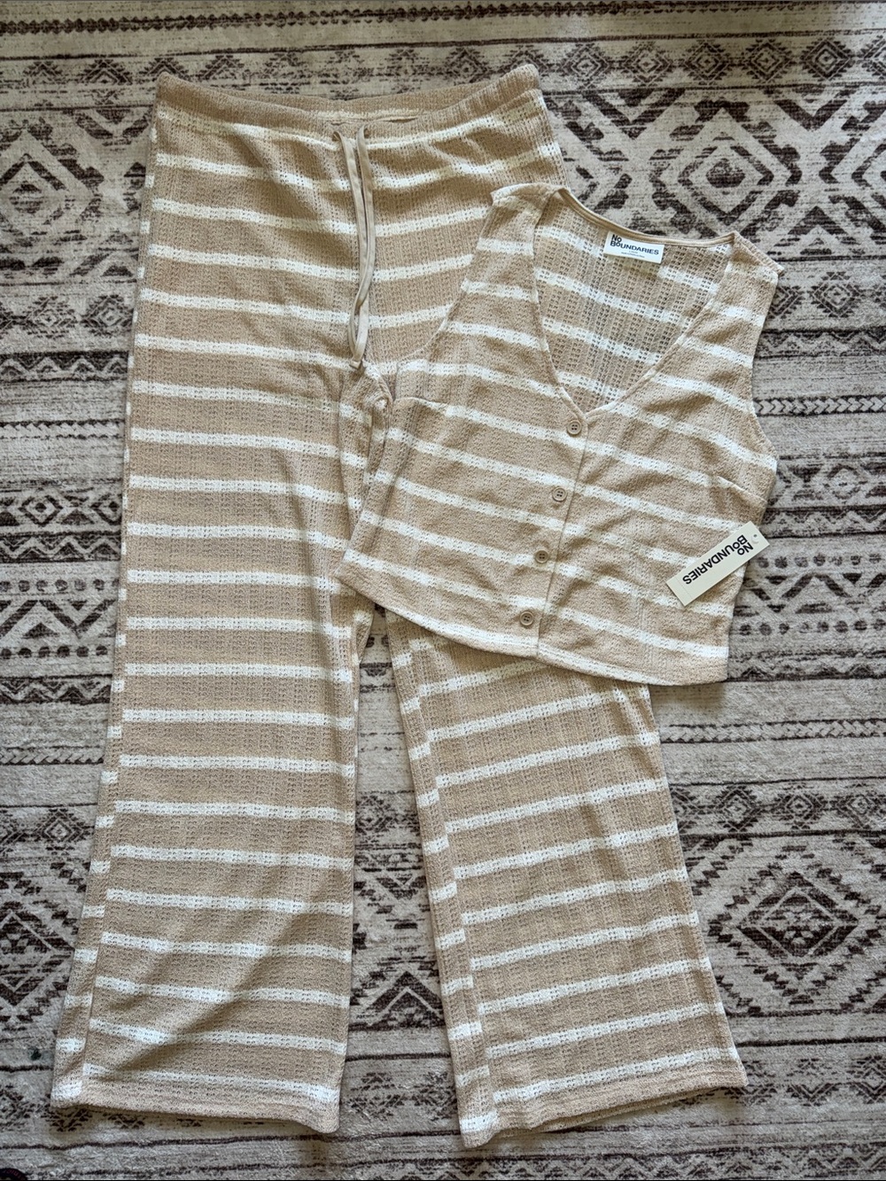 No Boundaries Beige and White Striped Knit Tank Top and Pants Set